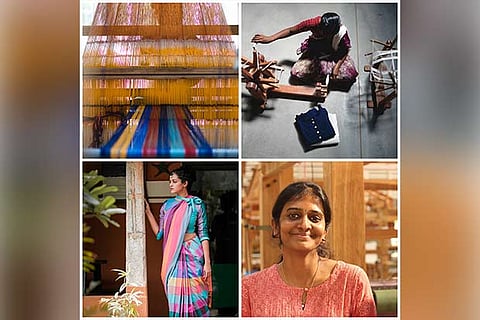 Handloom machine, weavers, Model and Bharathi Devarajan