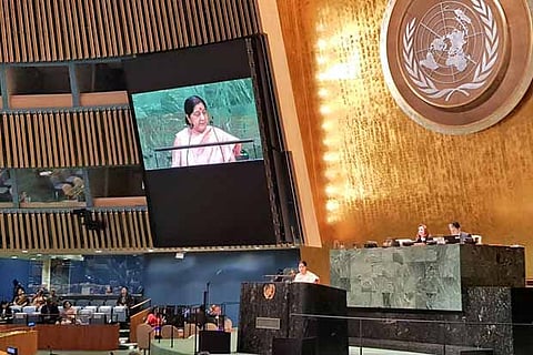 External Affairs Minister Sushma Swaraj speaks at the 73rd Session of the UN General Assembly