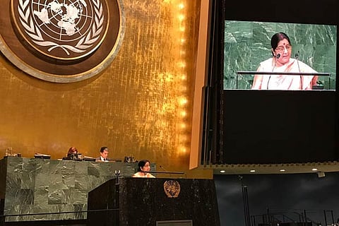 External Affairs Minister Sushma Swaraj speaks at the 73rd Session of the UN General Assembly