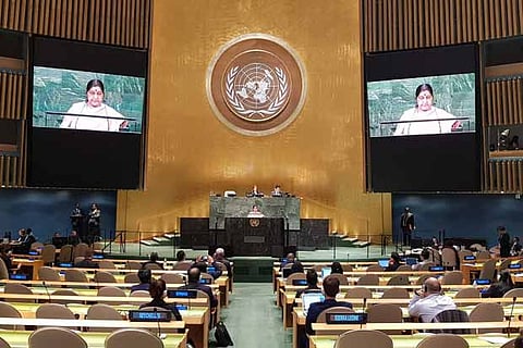 External Affairs Minister Sushma Swaraj speaks at the 73rd Session of the UN General Assembly