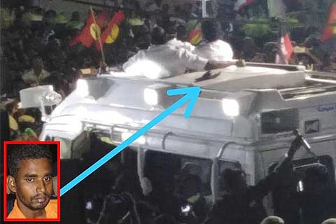 The foot wear lying on campaign vehicle of the Chief Minister on Sunday night. (inset) Velmurugan