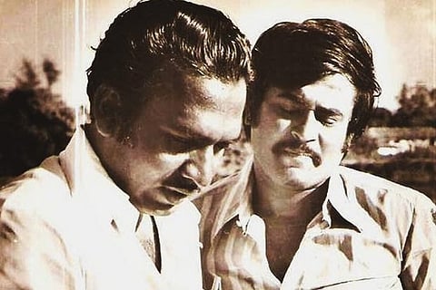 Mahendran with Rajinikanth on the sets of Johnny