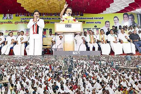 DMK president MK Stalin addresses a public meeting in Mettupalayam on Tuesday
