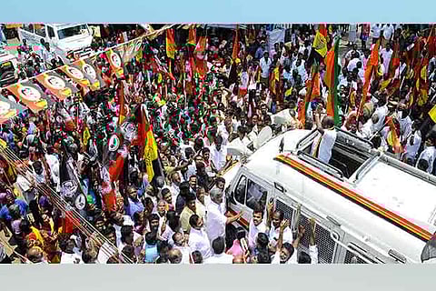DMDK treasurer Premalatha campaigning from a van for party candidate Dr V Elangovan in Tiruchy on Monday