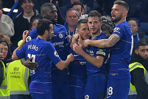 Chelsea?s Eden Hazard (centre) celebrates with teammates after scoring a goal against West Ham