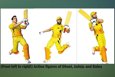 (From left to righjt) Action figures of Dhoni, Jadeja and Raina