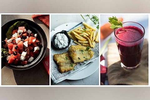 From left: Watermelon and feta salad, fish and chips, apple beetroot carrot juice