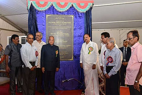 Vice President Naidu and Governor at the Platinum Jubilee Celebrations of Kesari schools in Chennai on Tuesday