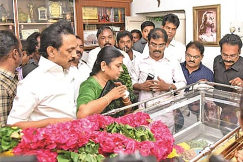 DMK president pay their last respects to former DMK Rajya Sabha MP Vasanthi Stanley in Chennai on Sunday