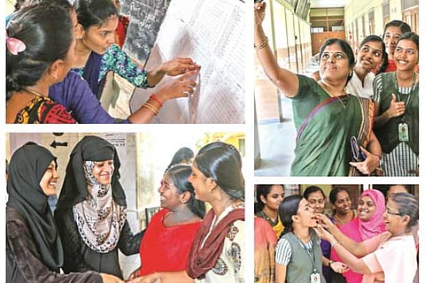 (Clockwise from top left) Students checking mark lists at a school; a teacher taking selfie with her students