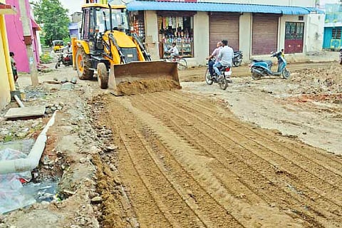 A road being levelled after minister?s intervention in a residential area in Vellore on Thursday