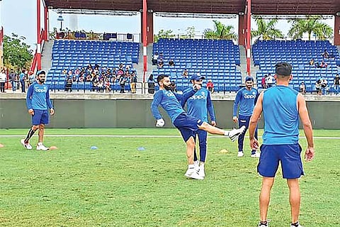 Members of Indian team play a game of football during a training session in Florida on Friday