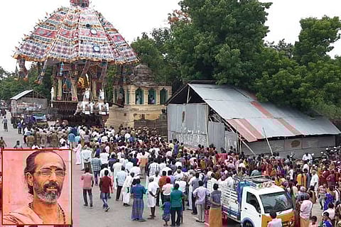 The temple car from which the priest, Murali Gurukkal (inset), fell from on Friday