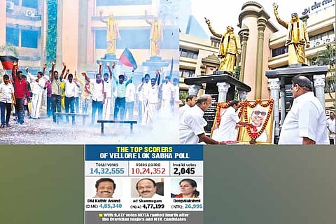DMK workers celebrate Kathir Anand?s victory in Vellore Lok Sabha poll, while party president MK Stalin