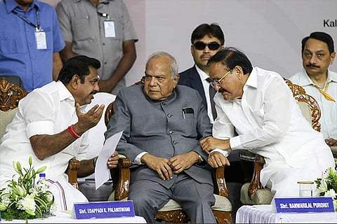 CM interacting with the Vice President of India and Governor at a book launch event in Chennai on Sunday