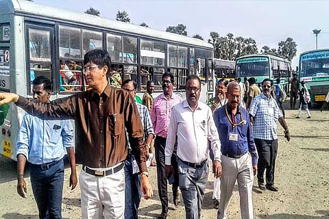 J Radhakrishnan, Principal Secretary, Transport Department, inspecting the temporary bus terminus set up