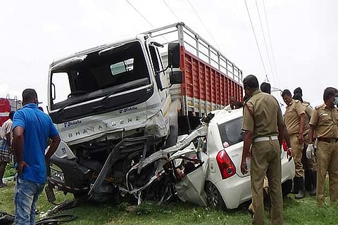 The mangled remains of the lorry and the car that were involved in the accident at Ottakudisal on Tuesday