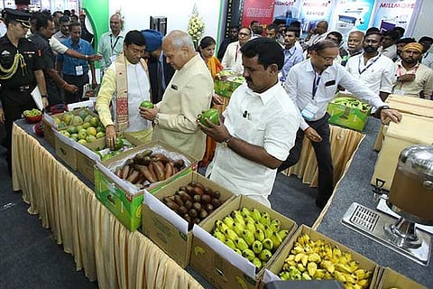 Tamil Nadu Governor Banwarilal Purohit takes a tour of a stall at the Foodpro event here