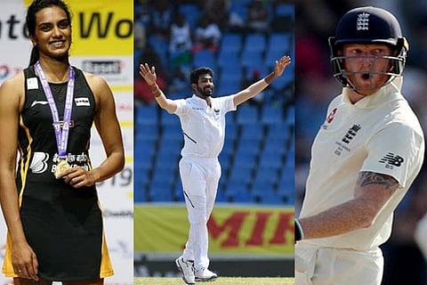 PV Sindhu(left), Jasprit Bumrah(middle), Ben Stokes(left).