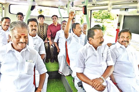 CM, DCM and Ministers take the inaugural ride on the electric bus in Chennai on Monday