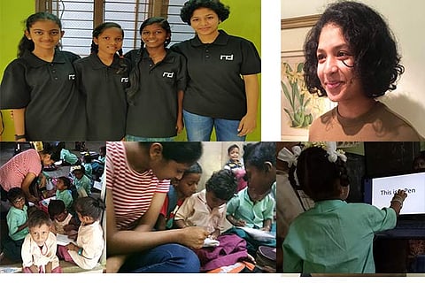 Tanya with Stella, Ishwarya and Akshara who won the Technovation challenge 2019 for their app Baton; children