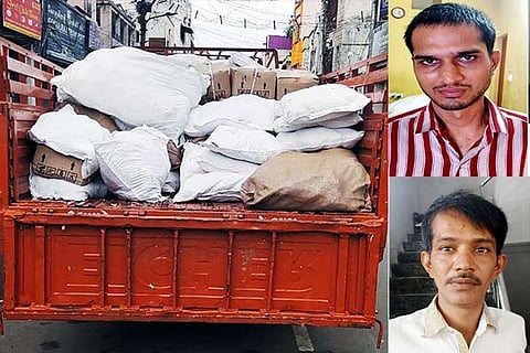 The seized mini-van loaded with tobacco products in Coimbatore; (left) the two smugglers arrested