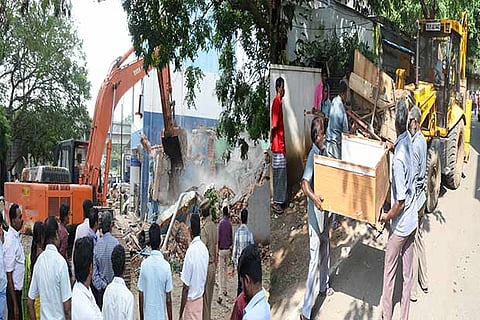 Demolition under way at Koyambedu and near Sai Baba temple in Mylapore on Wednesday