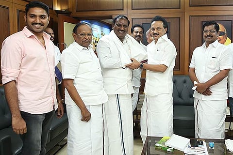 BT Arasakumar greeted by DMK president MK Stalin after the former joined DMK in Chennai on Thursday