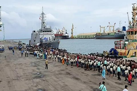 Students queue up to board INS Sumedha at VO Chidambaranar Port in Thoothukudi on Saturday