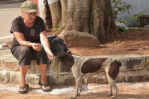Elaine Philpott from Coventry with a stray dog in Mahabalipuram