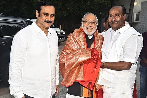 S Ramadoss and party MP Anbumani greeting Prahlad Modi, brother of PM Narendra Modi