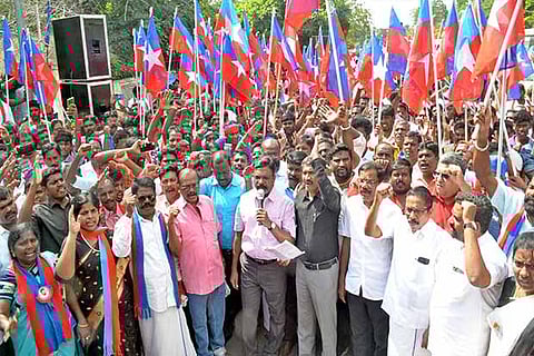 VCK leader Thol Thirumavalavan leads protest in Coimbatore on Monday
