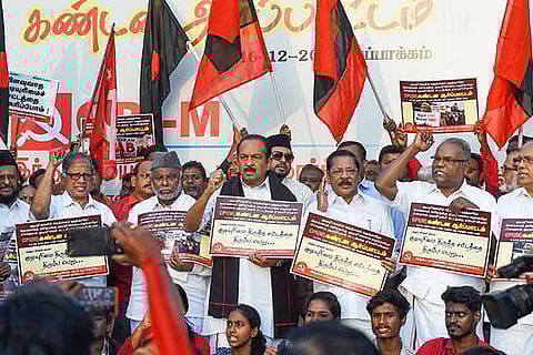 Vaiko with leaders of CPM and other alliance parties during a demonstration demanding CAA