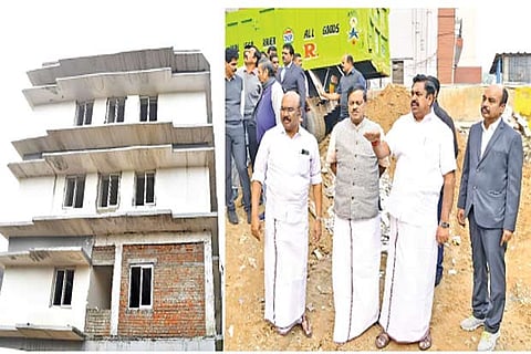 Chief Minister inspecting the new building under construction for AIADMK office in New Delhi on Thursday