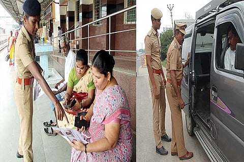 Police show photos of extremists to passengers at Salem railway junction on Thursday; vehicle checks