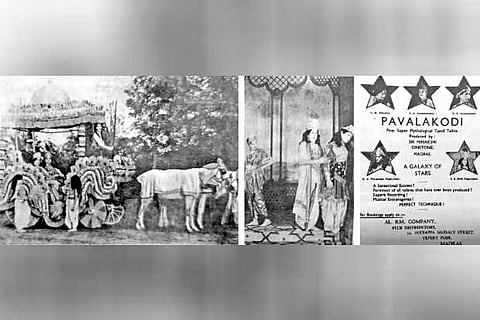 Scenes from Pavalakodi, a mythological drama, that was a milestone in Tamil cinema; poster of the film