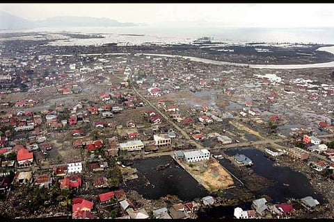 An aerial view shows the tsunami-devastated city on the Indonesian island of Sumatra