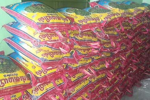 The seized rice bags allegedly meant for distribution to voters in Tirupur district