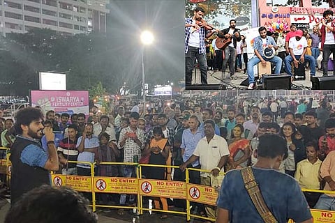(Down) Members from On The Streets of Chennai performing; (Top) During one of the gigs at Pondy Bazaar