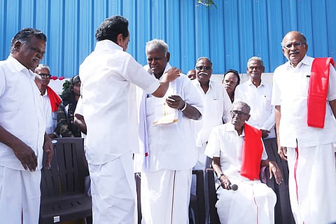 MK Stalin honours Communist veteran R Nallakannu on his 95th birthday in Chennai on Thursday
