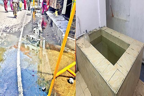 Stagnant water blocks the path between the casualty block and pharmacy at KMC; Open tank found