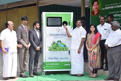 Chief Minister uses a smartbin installed to launch a drive in Chennai on Thursday to reduce plastic bottle