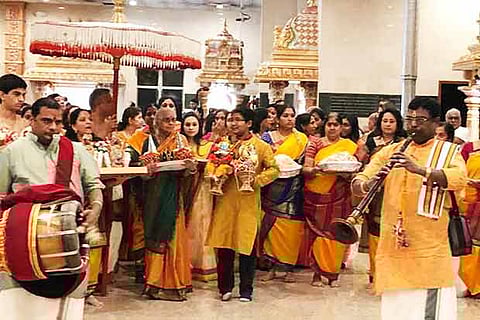 Procession of the deity at the Guruvayoorappan Temple in New Jersey, accompanied by nadhaswaram