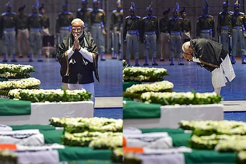 Prime Minister Narendra Modi pays tribute to the martyred CRPF jawans