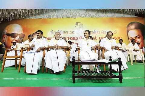 DMK president MK Stalin participates in a public meeting in Nilakottai on Friday