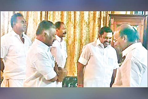 CM Edappadi, Deputy CM and senior Ministers with PMK founder S Ramadoss in Tindivanam on Friday