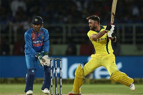 Glenn Maxwell of Australia plays a shot enroute to his knock of 57