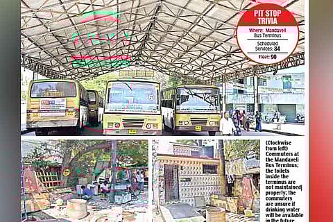 Commuters atthe Mandaveli Bus Terminus;toilets inside the terminus; commuters are unsure if drinking water