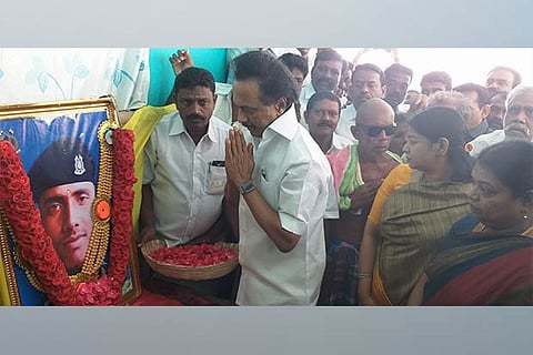 DMK president MK Stalin, MP Kanimozhi, MLA Geetha Jeevan, paying homage to slain CRPF jawan G Subramanian
