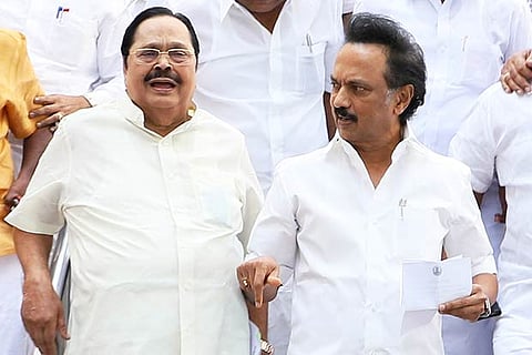Duraimurugan and MK Stalin coming out of Assembly on Tuesday
